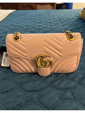 Gucci small Marmont Pink Quilted Leather Shoulder Bag.